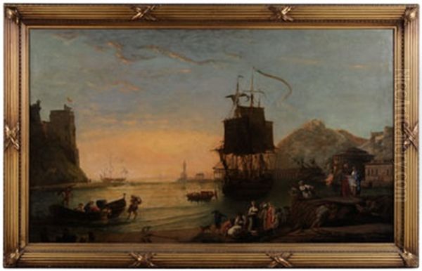 Italianate Harbor With Ship And Fisherman Oil Painting by Claude Lorrain