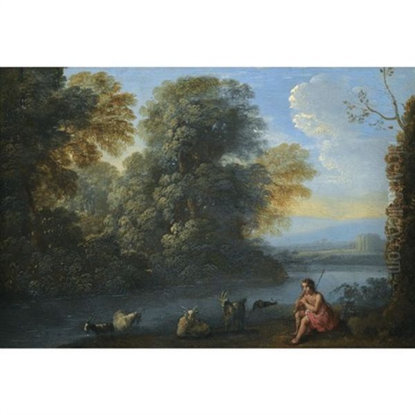 An Italianate Landscape With A Shepherd Boy Playing The Pipe While Watering His Flock At A River Oil Painting by Claude Lorrain