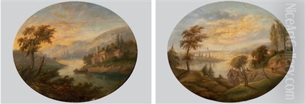 Flusslandschaften Mit Hausern Und Figurenstaffage (pair) Oil Painting by Claude Lorrain