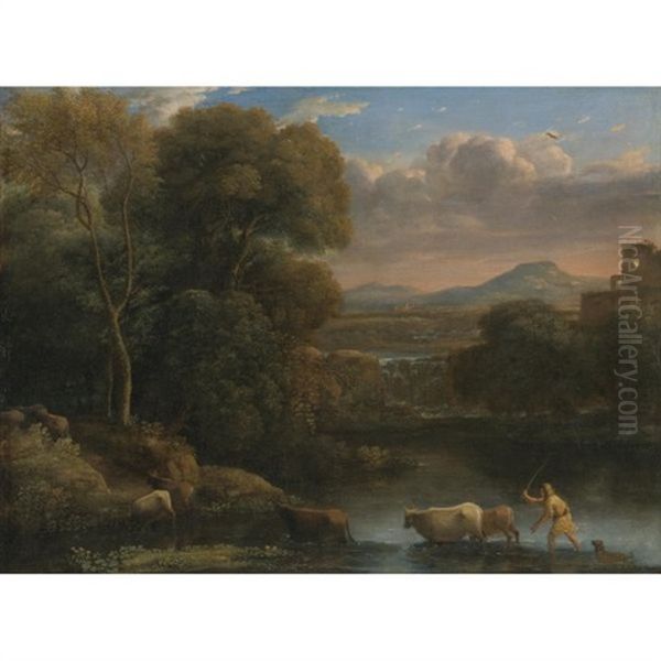 An Italianate Landscape With A Drover And His Dog Driving His Cattle Across A Ford, A Waterfall Beyond Oil Painting by Claude Lorrain