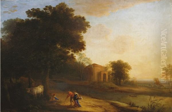 Paysage A La Riviere Avec Des Villageois En Chemin Et Un Patre Oil Painting by Claude Lorrain