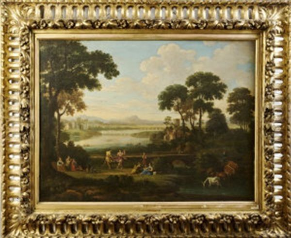 Figures Dancing In An Arcadian Landscape With Distant Castle And River Oil Painting by Claude Lorrain