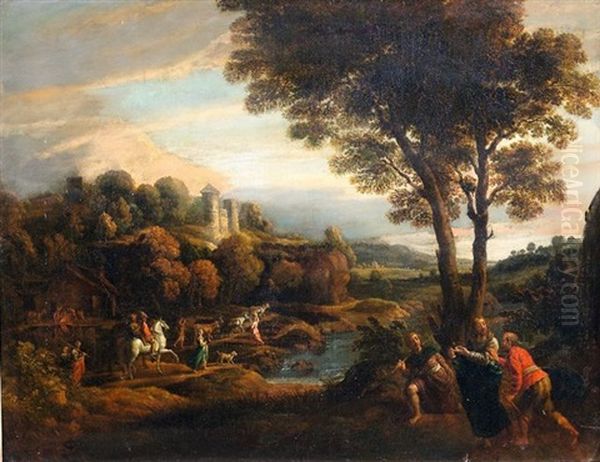 Bewaldete Flusslandschaft Mit Christi Gang Nach Emmaus Und Zahlreicher Figurenstaffage Oil Painting by Claude Lorrain