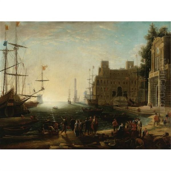 View Of A Bustling Port Oil Painting by Claude Lorrain