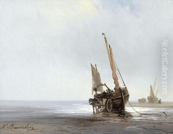 Kustenpartie Mit Gestrandeten Segelbooten Oil Painting by Louis Bentabole