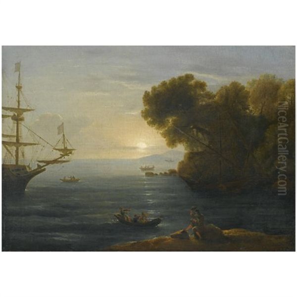 A Mediterranean Coastal Scene With An Artist Sketching In The Foreground Oil Painting by Claude Lorrain