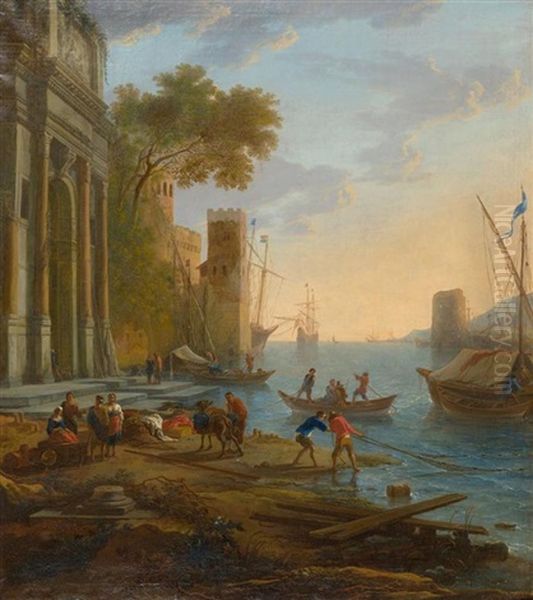 Mediterrane Hafenlandschaft Mit Architekturstaffage Und Fischern Am Ufer Oil Painting by Claude Lorrain