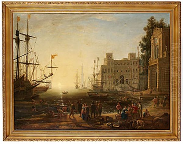 Carpriccio Med En Italiensk Hamn I Skymning Med Villa Medici Och Handelsman Oil Painting by Claude Lorrain