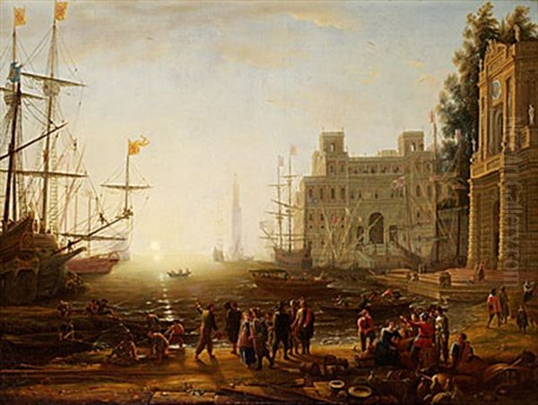 Carpriccio Med En Italiensk Hamn I Skymning Med Villa Medici Och Handelsman Oil Painting by Claude Lorrain