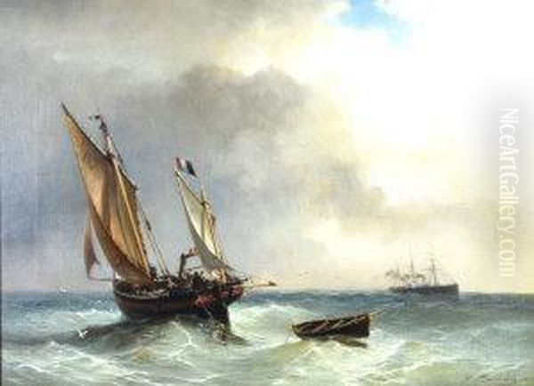 Sailing Vessel And A Steamer On Choppy Seas Oil Painting by Louis Bentabole