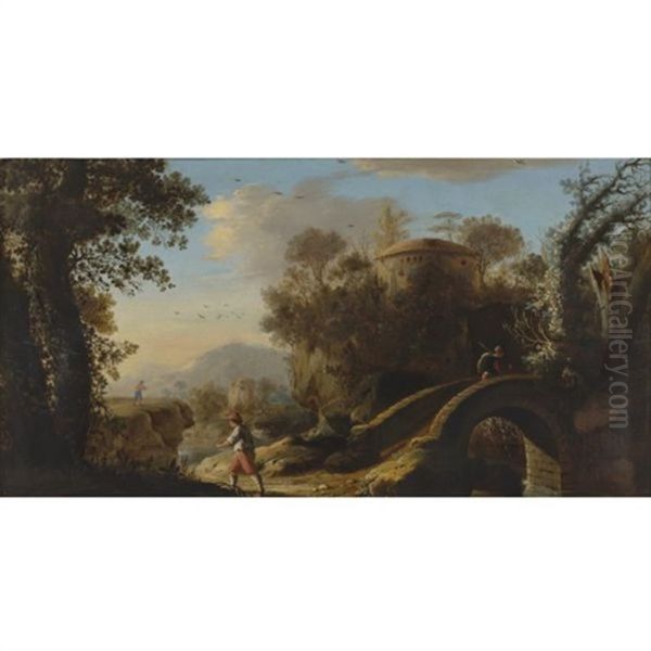 An Italianate Landscape With Figures; A Footbridge And Classical Ruins Beyond Oil Painting by Claude Lorrain