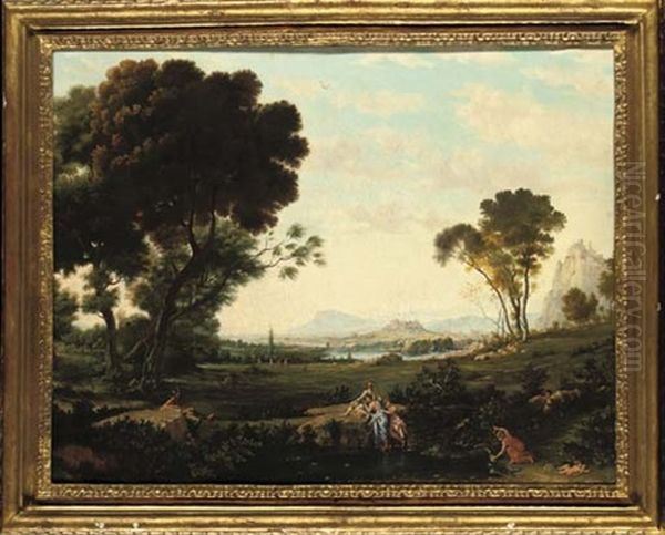 An Extensive Italianate Landscape With Classical Figures Bathing, Classical Ruins Beyond Oil Painting by Claude Lorrain