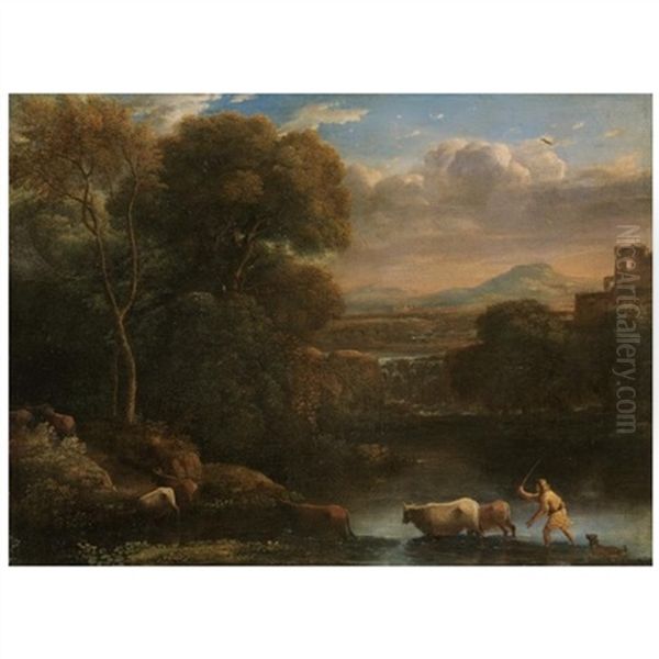 An Italianate Landscape With A Drover And His Dog Driving His Cattle Across A Ford, A Waterfall Beyond Oil Painting by Claude Lorrain