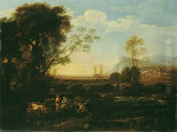 Arkadische Landschaft Mit Hirtenstaffage Oil Painting by Claude Lorrain