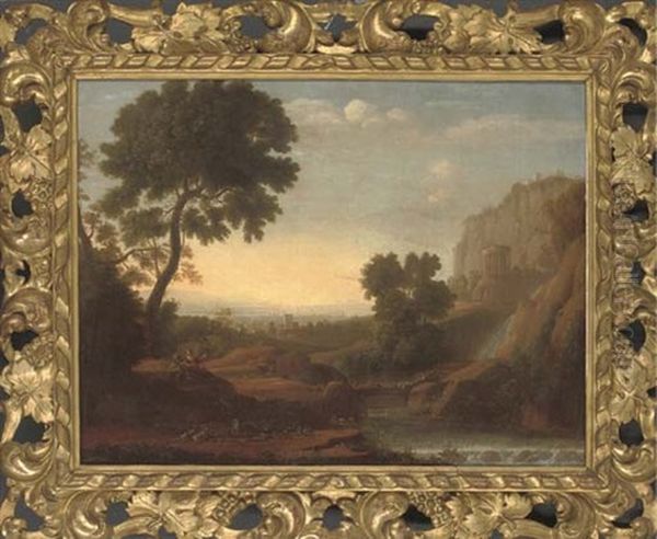 An Italianate River Landscape With Figures Resting Under A Tree And A Shepherd And His Flock Beyond Oil Painting by Claude Lorrain