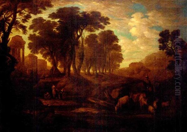 An Extensive Wooded Landscape With Figures And Cattle On A Track, Classical Ruins Beyond Oil Painting by Claude Lorrain