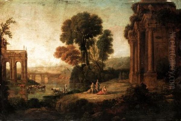 Classical Landscape With Arcadian Figures Before Ruins Beside The River Oil Painting by Claude Lorrain