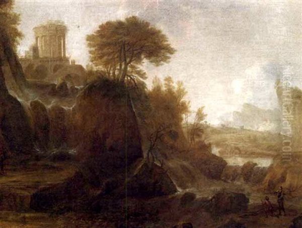 Figures By A Waterfall In A Classical Landscape Oil Painting by Claude Lorrain