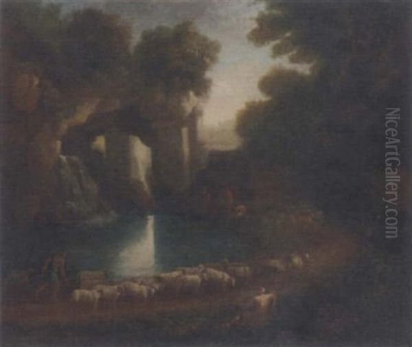 A Wooded Clearing With A Shepherd And His Flock And Anglers By A Waterfall Beneath Classical Ruins Oil Painting by Claude Lorrain