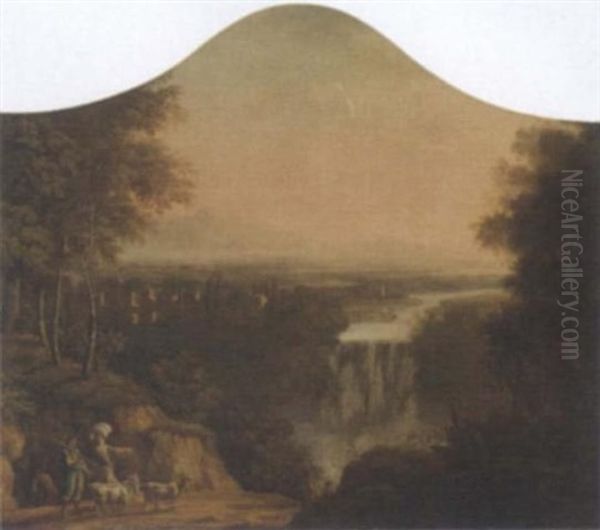 An Extensive River Landscape With A Shepherd And His Flock By A Waterfall Oil Painting by Claude Lorrain