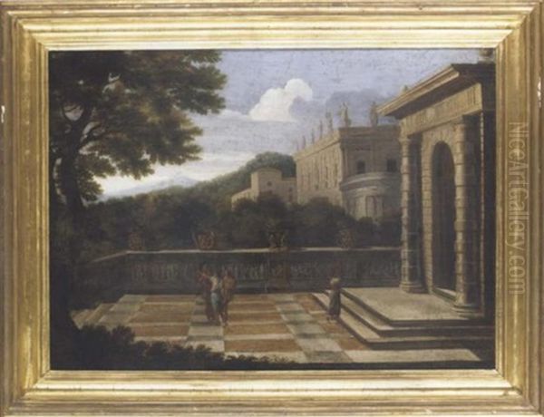 Figures On A Terrace Before A Gateway, A Palace Beyond Oil Painting by Claude Lorrain