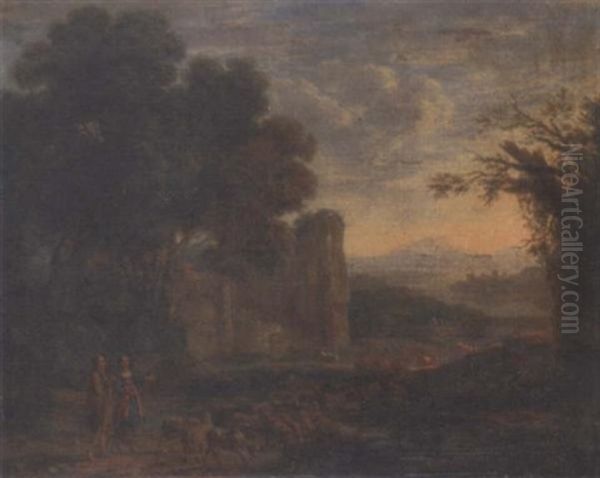 A Landscape With A Shepherd And Shepherdess With Their Flock Oil Painting by Claude Lorrain