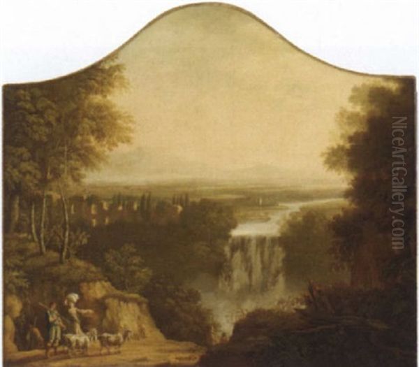 An Extensive Landscape With A Waterfall, Ruins And A Shepherd And Shepherdess On A Track Oil Painting by Claude Lorrain