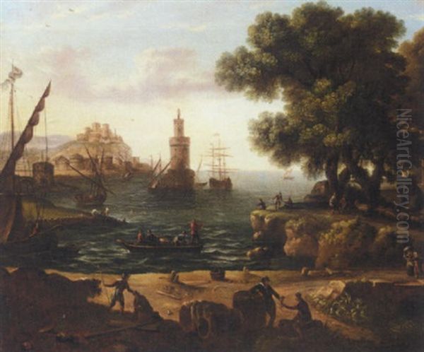 A Mediterranean Harbour Scene Oil Painting by Claude Lorrain