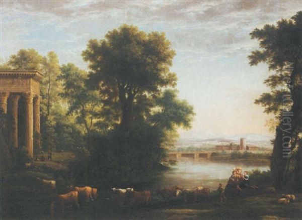 A Pastoral Landscape With Drovers And Cattle Fording A River Before A Classical Portico Oil Painting by Claude Lorrain