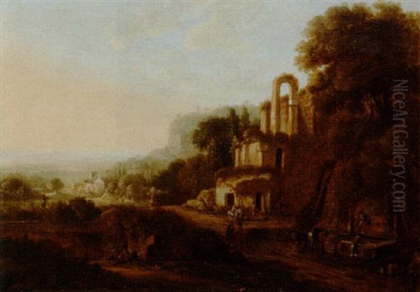 Italienskt Ruinlandskap Med Figurer Oil Painting by Claude Lorrain