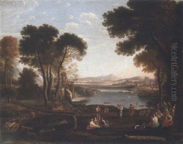 An Arcadian River Landscape With Classical Figures Dancing Oil Painting by Claude Lorrain