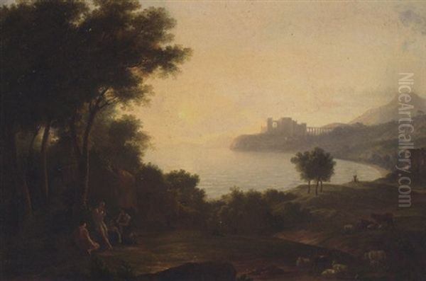 A Mediterranean Coastal Inlet With Classical Figures Playing Music, A Fortress In The Distance Oil Painting by Claude Lorrain