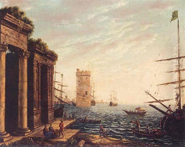 A Classical Harbour At Dusk Oil Painting by Claude Lorrain