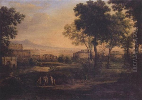 Figures In A Landscape With Ruined Buildings Beyond Oil Painting by Claude Lorrain