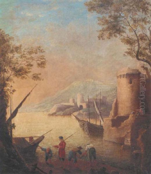 A Harbour At Sunset With Fishermen By The Shore Oil Painting by Claude Lorrain