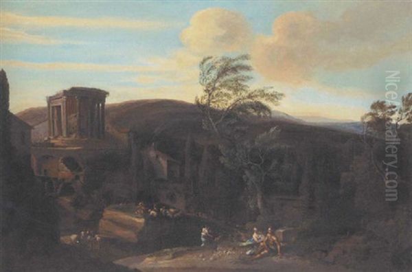 A Capriccio View Of Tivoli With Classical Ruins, Herdsman And Their Flock Oil Painting by Claude Lorrain