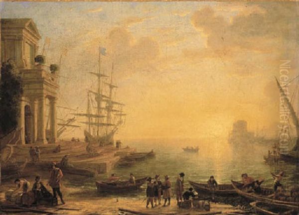 A Capriccio Of An Italianate Harbour At Sunset, With Merchants, Fishermen And Stevedores On The Shore, Men-o'-war At A Quay Beyond Oil Painting by Claude Lorrain