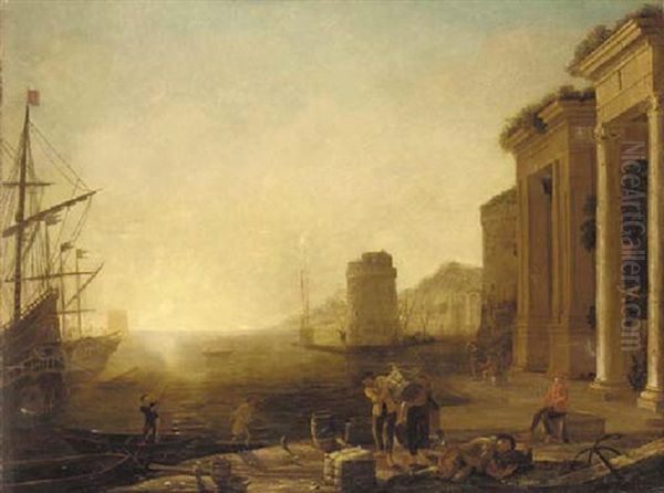 A Coastal Inlet With Moored Shipping And Stevedores On A Quay Oil Painting by Claude Lorrain