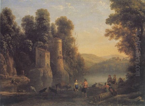 Pastoral River Landscape With Figures By A Mill Oil Painting by Claude Lorrain