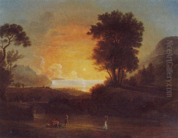 Landschaft Mit Ein Paar Figuren Bei Sonnenuntergang Am Meer Oil Painting by Claude Lorrain