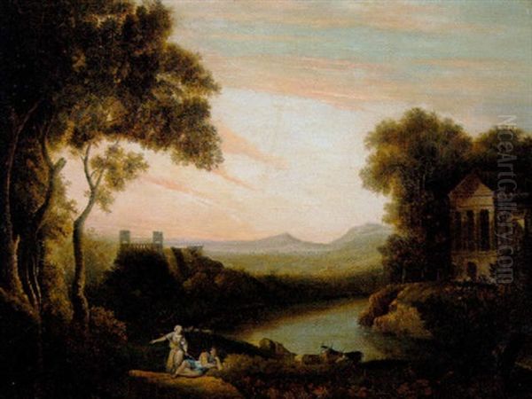 Klassisk Landskab Mied Hyrde Og Ung Pige I Forgrunden Oil Painting by Claude Lorrain