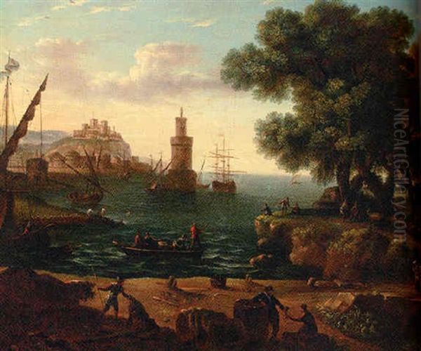 A Coastal Inlet With Moored Shipping And Stevedores On A Bank Oil Painting by Claude Lorrain