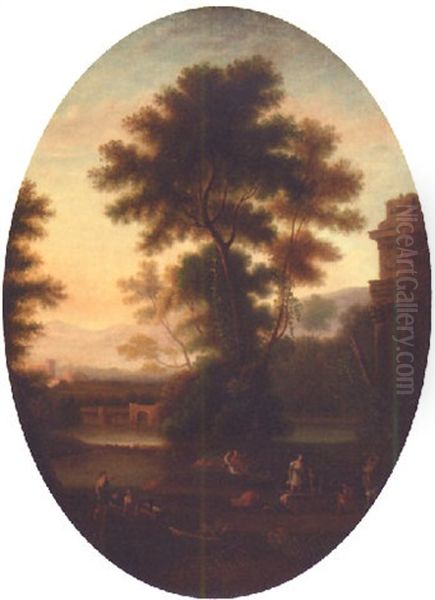 An Extensive Classical River Landscape With Figures Before Ruins Oil Painting by Claude Lorrain