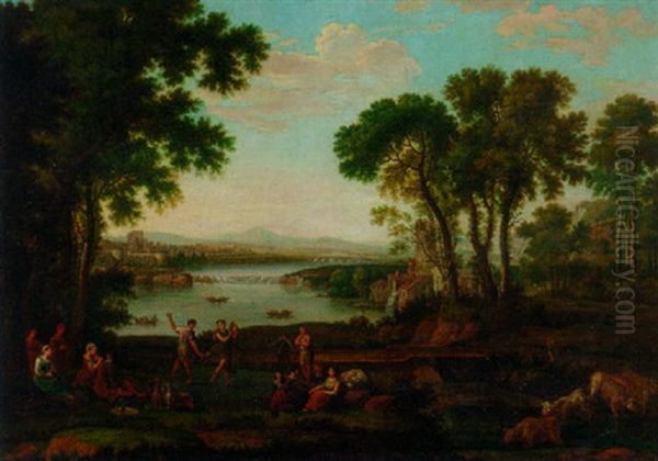 Figures Dancing In A Classical Landscape Oil Painting by Claude Lorrain