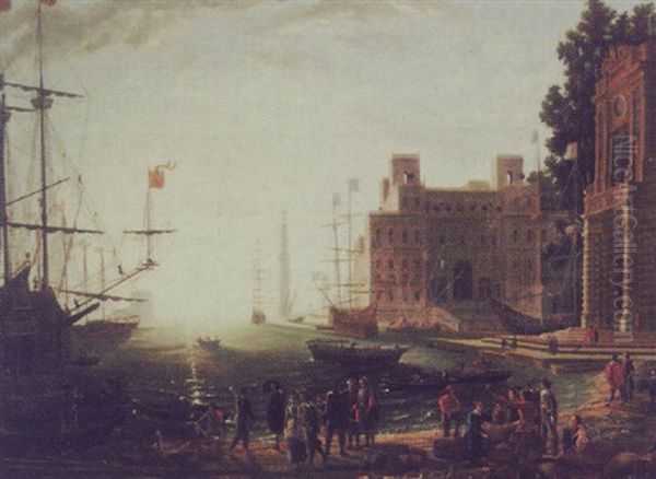 A Capriccio  Of A Mediterranean Harbor, With The Villa Medici And Vignola's Entrance Gate To The Farnese Gardens Oil Painting by Claude Lorrain