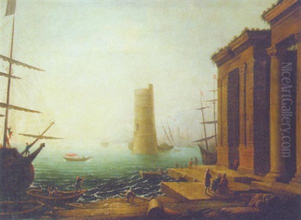 A Capriccio Of A Mediterranean Harbour At Sunset by Claude Lorrain