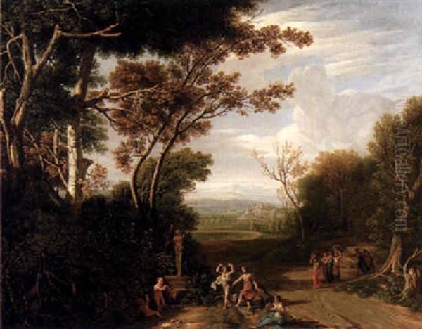 Landschaft Mit Tanzenden Und Musizierenden Nymphen Vor Einer Bacchusherme Oil Painting by Claude Lorrain