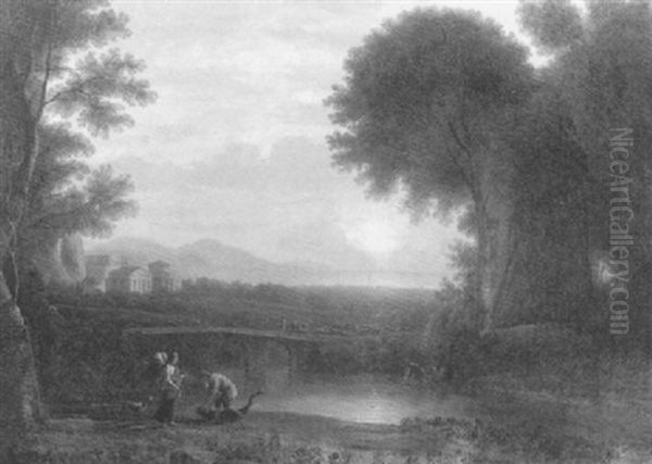 Arcadian Landscape With Figures And Classical Buildings Oil Painting by Claude Lorrain