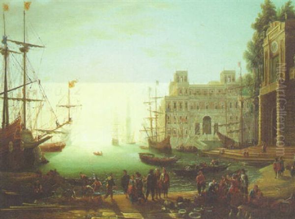 A Harbour At Sunset With Merchants And Stevedores On A Quayside Oil Painting by Claude Lorrain