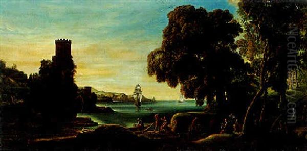 Folkeliv Ved Kysten, De Rejsende Ser Efter Et Bortsejlende Skib Oil Painting by Claude Lorrain